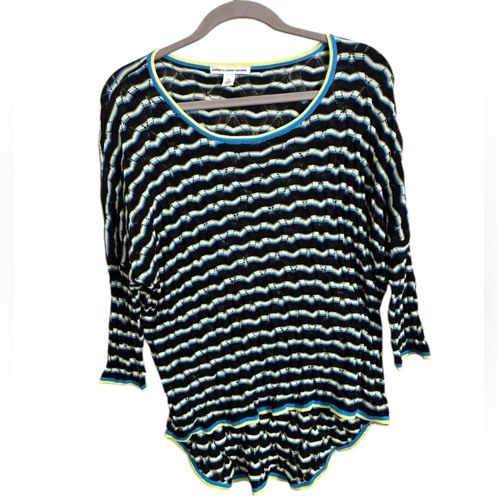 Cotton by Autumn Cashmere Wavy Stripe Black Blue Yellow 3/4 Sleeve Top Medium